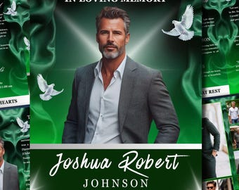 Op de afbeelding: Een herdenkingsposter met een man in een grijs pak en wit overhemd tegen een groene satijnen achtergrond met witte duiven. De tekst luidt IN LOVING MEMORY, Joshua Robert JOHNSON, en de data 7 augustus 1965 - 5 oktober 2025.