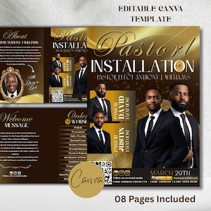 Könnte beinhalten: Eine bearbeitbare Canva-Vorlage für ein Pastor-Installationsprogramm mit goldenen und schwarzen Grafiken. Das Design enthält Porträts von Männern in Anzügen, den Text Pastor Installation, Pastor Elect Anthony L. Williams und einen QR-Code.