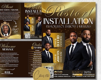 May include: An editable Canva template for a pastor installation program featuring gold and black graphics. The design includes portraits of men in suits, text reading Pastor Installation, Pastor Elect Anthony L. Williams, and a QR code.
