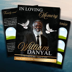 Puede incluir: Tarjeta conmemorativa con un retrato de un hombre sonriente con traje negro, con el texto "In Loving Memory" y el nombre "William Danyal". Incluye fechas y el nombre de una iglesia. También aparecen palomas blancas.