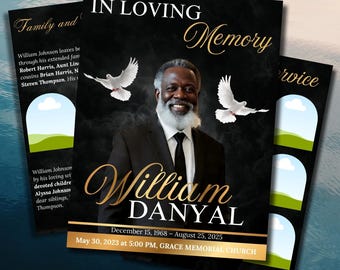 Plantilla de programa funerario en negro y dorado, programa de servicio conmemorativo de 8 páginas, folleto funerario editable en Canva, descarga del programa de celebración de la vida.