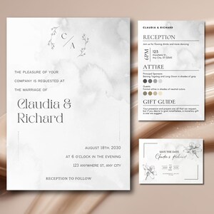 Puede incluir: Un conjunto de papelería de boda con un diseño de lavado de acuarela. La invitación incluye los nombres "Claudia & Richard", la fecha, la hora y el lugar. Tarjetas adicionales detallan la recepción, el atuendo y la guía de regalos. Acentos florales y tipografía elegante completan el diseño.