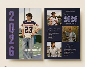 Op de afbeelding: Een afstudeeraankondiging met een foto van een persoon in een shirt met nummer 23. De aankondiging bevat de tekst "Klasse van 2026" en details voor een viering, samen met de naam "Davis Wilson".