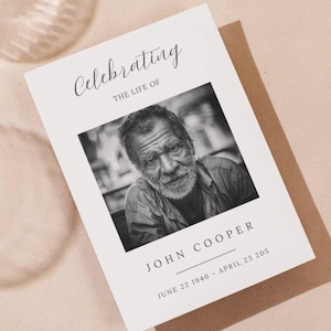 May include: A memorial card with the text "Celebrating The Life Of" above a black and white photo of a man. The name "JOHN COOPER" and dates "JUNE 22 1940 - APRIL 23 205" are printed below the photo.