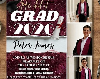 Op de afbeelding: Een afstudeeraankondiging met een bordeauxrode glitterachtergrond en de woorden "He did it GRAD 2026 Peter James". Bevat foto's van een afgestudeerde in een pak en een diploma. De aankondiging bevat ook evenementdetails.