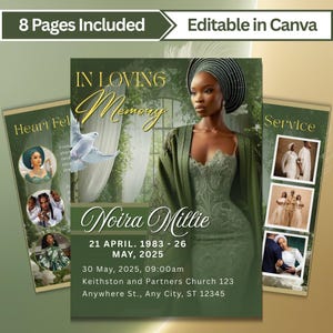 May include: A green memorial card design with the text "In Loving Memory" and "Noira Millie". The design includes a portrait of a woman in a green dress, a dove, and additional photos. The card also includes the dates 21 April 1983 - 26 May 2025.