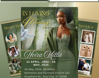 Plantilla de programa funerario de rosas verde esmeralda (8 páginas), folleto conmemorativo editable en Canva para celebrar la vida (PDF)