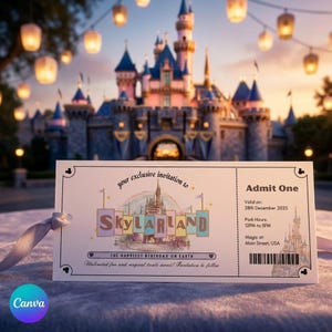 May include: A Skylarland admission ticket with a castle illustration, text that reads "The Happiest Birthday on Earth", and "Admit One". The ticket is tied with a ribbon, with a blurred castle and lanterns in the background.