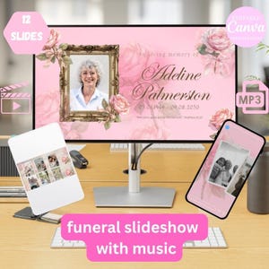 May include: A digital funeral slideshow template displayed on a computer monitor, featuring a pink floral background, a gold ornate picture frame containing a portrait of a person, and the text In loving memory of Adeline Palmerston 03.01.1949 - 09.08.2030.