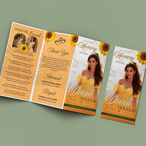 Könnte beinhalten: Ein dreifach gefaltetes Trauerprogramm und eine passende Klappkarte mit gelbem Sonnenblumenmotiv. Der Text enthält "Forever Loved", "In Loving Memory" und "Diana Douglas" sowie Fotos einer Person in einem gelben Kleid.