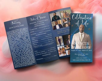 Plantilla de programa funerario "Ave del Paraíso Azul", programa de obituario para celebrar la vida, programa conmemorativo, en memoria de un ser querido, plantilla de Canva