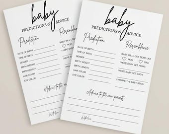 May include: Two white baby shower prediction and advice cards. The cards feature the word "baby" in cursive script, followed by "Predictions & Advice". The cards have sections for predictions and advice for the new parents.