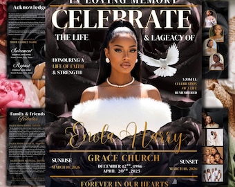 Plantilla de programa funerario Black Roses, revista funeraria editable de 8 páginas en Canva, celebración de la vida, folleto imprimible en PDF para descargar.