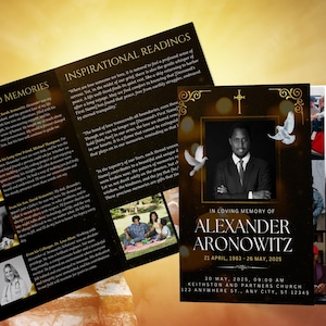 Elegant Black Funeral Program Template: 8-Page Memorial Keepsake (8.5x11, Canva Editable, Digital Download)