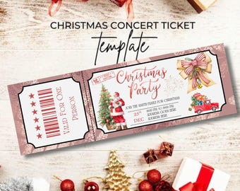 May include: A Christmas concert ticket template with a festive design. The ticket features a Christmas party theme with Santa Claus, a Christmas tree, and a red truck carrying gifts. The ticket also includes the text "Christmas Concert Ticket" and "Christmas Party".