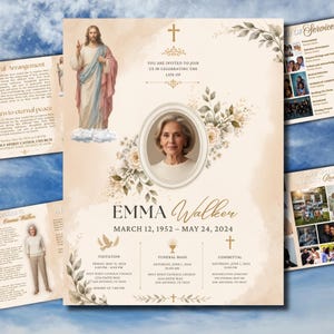 May include: A funeral programme template featuring a beige background with floral accents, a central oval portrait of a woman, and an illustration of Jesus. Text includes the name Emma Walker, dates March 12, 1952 – May 24, 2024, and event details.