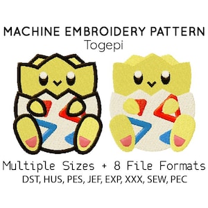 May include: Machine embroidery pattern featuring Togepi designs. The image shows two Togepi characters in a yellow, white, red, and blue color scheme. The text indicates multiple sizes and 8 file formats are available.