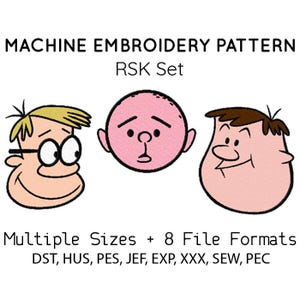 May include: Machine embroidery pattern set with three cartoon faces. The text reads "MACHINE EMBROIDERY PATTERN RSK Set Multiple Sizes + 8 File Formats DST, HUS, PES, JEF, EXP, XXX, SEW, PEC."