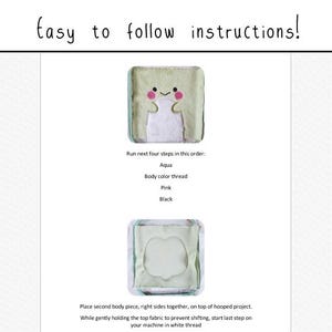 May include: A page with instructions for a craft project. The text "Easy to follow instructions!" is at the top. The instructions include steps with aqua, pink, and black colors. Two square fabric pieces are shown.