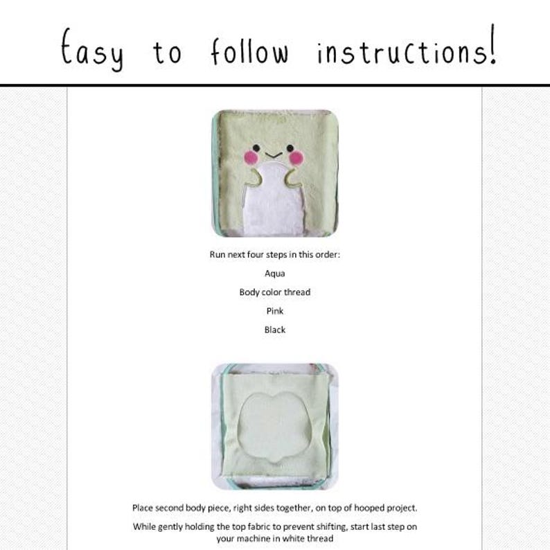 May include: A page with instructions for a craft project. The text "Easy to follow instructions!" is at the top. The instructions include steps with aqua, pink, and black colors. Two square fabric pieces are shown.
