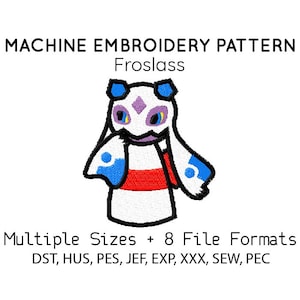 May include: Machine embroidery pattern featuring a Froslass design. The image shows a white, red, and blue embroidered character with black outlines. The text indicates multiple sizes and 8 file formats: DST, HUS, PES, JEF, EXP, XXX, SEW, and PEC.