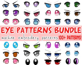 May include: A collection of various cartoon eye patterns in different colors and styles. The image includes the text "EYE PATTERNS BUNDLE" and "machine embroidery patterns 100+ PATTERNS!"