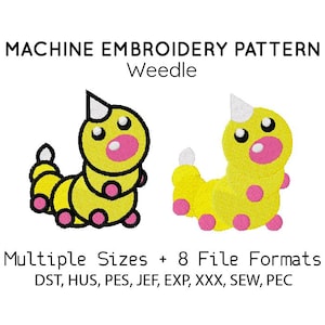 May include: Machine embroidery pattern featuring two yellow and pink cartoon-style Weedle designs. The designs have black outlines, white horns, and multiple sizes. The text includes "Multiple Sizes + 8 File Formats" and file format abbreviations.