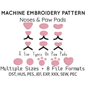 Peut inclure: Motif de broderie machine avec différents modèles de nez et coussinets roses. Comprend plusieurs tailles et huit formats de fichiers : DST, HUS, PES, JEF, EXP, XXX, SEW et PEC.