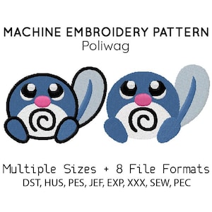 May include: Machine embroidery pattern featuring two blue Poliwhag designs. Each design has a white belly with a black spiral, black eyes, a pink nose, and blue appendages. The text reads "MACHINE EMBROIDERY PATTERN Poliwag" and "Multiple Sizes + 8 File Formats".
