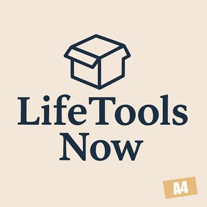 May include: A logo featuring a dark blue outline of an open box above the words "LifeTools Now" in a dark blue, serif font. The background is a light beige color, with a small, tan rectangle in the bottom right corner that says "A4".