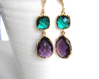 Wedding earrings, Gold earrings, gold earrings bridesmaid, emerald and purple earrings,emerald and purple earrings, dangle earriings