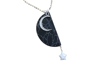 Unique Moon necklace, Statement necklace, Long pendant necklace, gift for her, black and silver necklace, mom gift