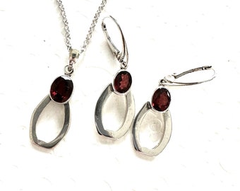 Handmade Silver and Garnet Earrings and Necklace Set - Perfect Personalized Jewelry set January Birthday Gift