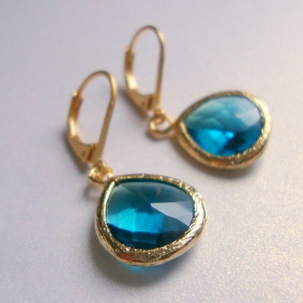 Gold and blue dangle earrings with blue zircon Neon Jewelry, blue drop earrings