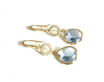 Mothers Day Gift, Gold dangle earrings, Bridesmaid gifts, blue earrings, wedding jewellery for her,