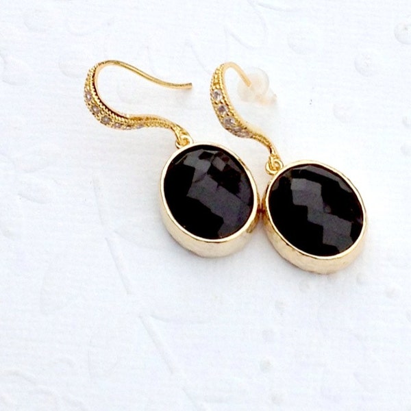 Dangle earrings / Bridesmaid gifts / Vermeil gold earrings with Czech crystals and onyx  / fall fashion / office fashion / Black and gold