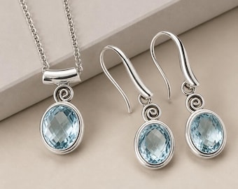 Elegante Blauer Stein Passenden Schmuck - März Birthstone Ohrringe - Sterling Silber Schmuck Set - Blauer Aquamarin Halskette und Ohrring Set