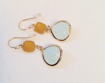 Opal Earrings, Dangle earrings, Opal Jewelry, Bridesmaids earrings, Mustard and opal blue glass earrings, Wedding earrings, Blue earrings