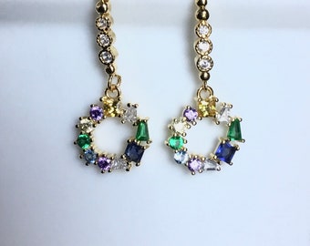 Dangle Earrings, Crystal Earrings, Gold Dangle earrings, Gift for her, wife, mom, friend Gift, multicoloured Crystal