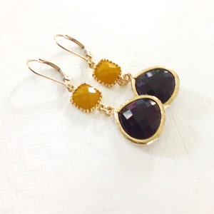 Black Dangle earrings, Gift for her, mom, wife, gold and black, black and mustard, drop earrings, Leverback earrings