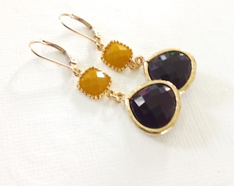 Black Dangle earrings, Gift for her, mom, wife, gold and black, black and mustard, drop earrings, Leverback earrings