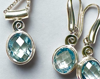 Elegant Blue Stone Matching Jewelry - March Birthstone Earrings - Sterling Silver Jewelry Set - Blue Aquamarine Necklace and Earring Set