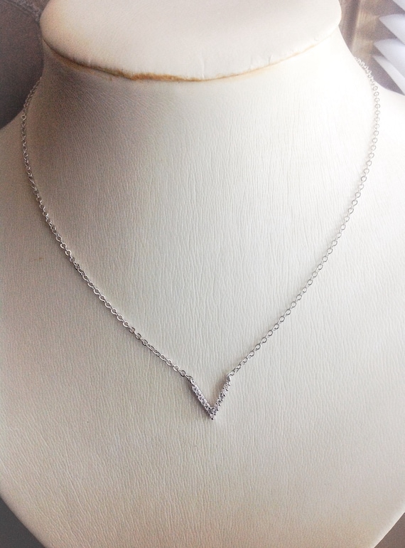 Simple V initial necklace with tiny Cubic Zirconia, pendant necklace,  silver necklace, dainty everyday necklace, jewelry gift for her