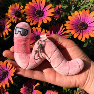 May include: A pink plush worm keychain with sunglasses. The worm has a light pink body with red stitching and a silver-colored clasp. The background features orange and purple flowers.