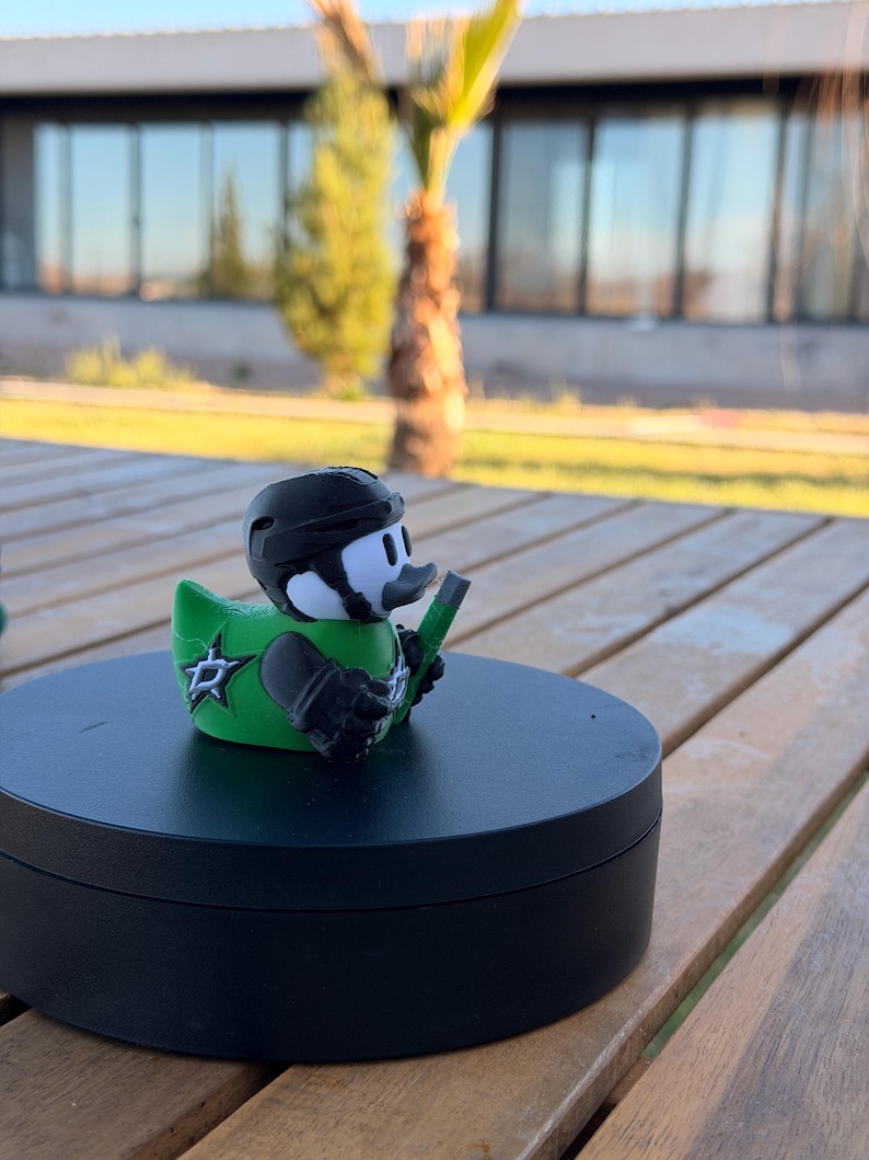 Green & Black Hockey Fan Duck – 3D Printed Collectible Duck Figurine, Dashboard Ornament, Gift for Hockey Fans image 1