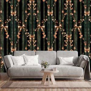 Papel de parede vintage com listras florais e laços – Mural de parede removível com fitas e flores vitorianas