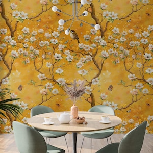 Yellow Chinoiserie Floral Bird Wallpaper - Peel and Stick Wall Mural