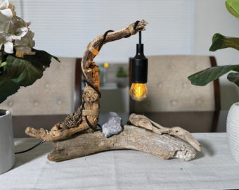 Driftwood Lamp, Handcrafted and adorned with Amethyst Crystal Cluster and Natural Driftwood  – Table Lamp, Beach Home Decor, Boho