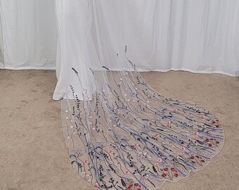 Floral Embroidered Wedding Cape Veil: Blue Wildflower Cathedral Veil