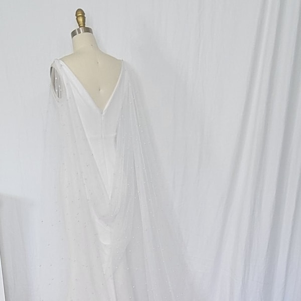 AUDREY CAPE, drape cape, cape with pearls, pearl veil, cape veil, veil with pearls, cape veil cathedral, pearl veil cathedral, wedding cape